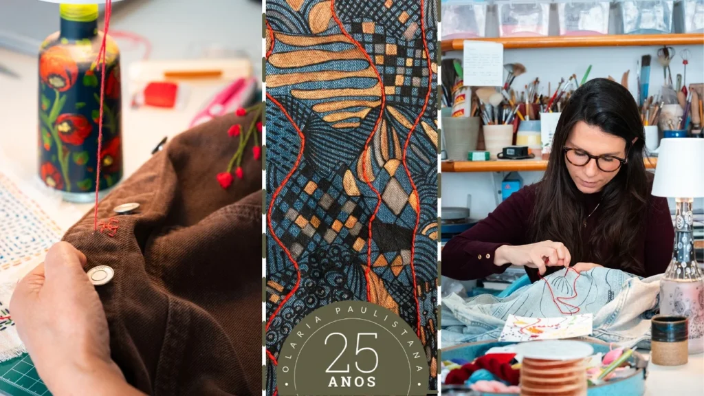 Workshop de Jaquetas na Olaria Paulistana: bordado em jaqueta, desenho com linha vermelha e Claudia Eid bordando no ateliê
